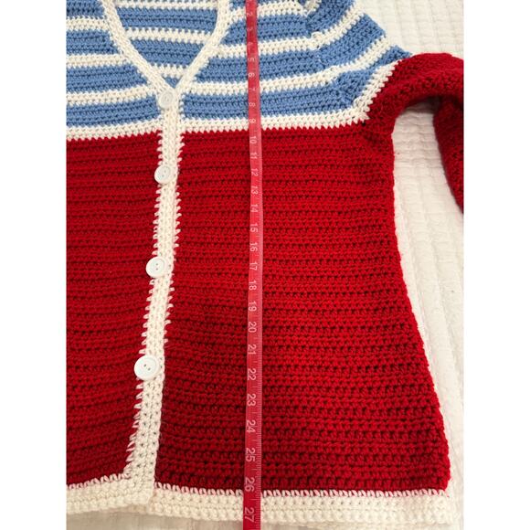 Hand Crocheted Cardigan Sweater Red, White and Blue. Size Large - Picture 3 of 8
